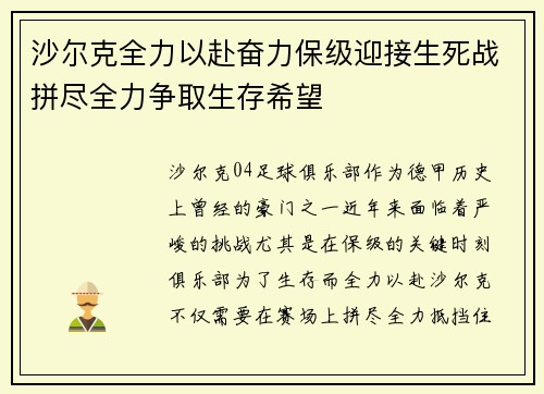 沙尔克全力以赴奋力保级迎接生死战拼尽全力争取生存希望