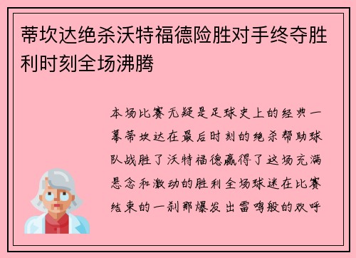 蒂坎达绝杀沃特福德险胜对手终夺胜利时刻全场沸腾