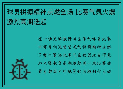 球员拼搏精神点燃全场 比赛气氛火爆激烈高潮迭起