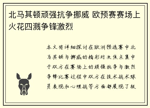 北马其顿顽强抗争挪威 欧预赛赛场上火花四溅争锋激烈