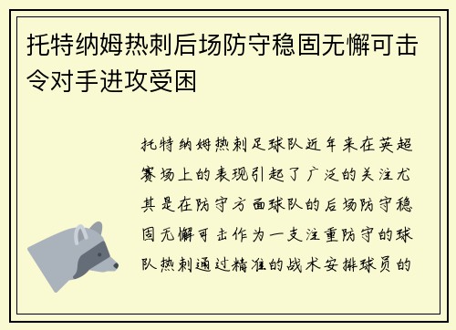 托特纳姆热刺后场防守稳固无懈可击令对手进攻受困