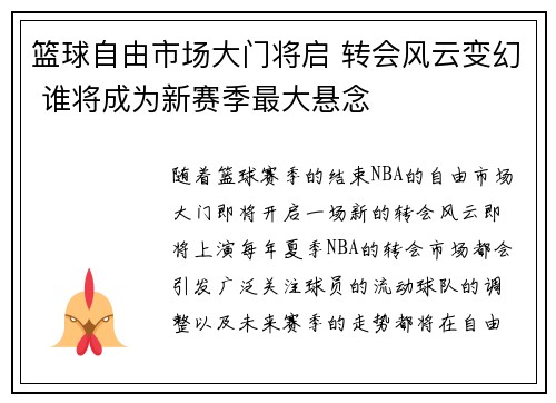 篮球自由市场大门将启 转会风云变幻 谁将成为新赛季最大悬念