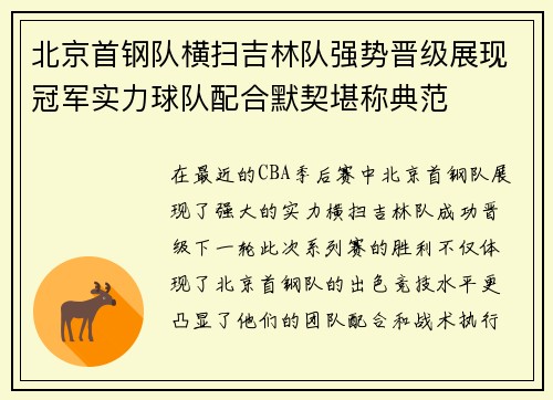 北京首钢队横扫吉林队强势晋级展现冠军实力球队配合默契堪称典范