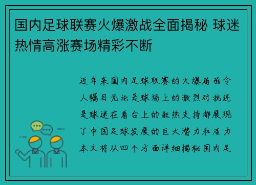 国内足球联赛火爆激战全面揭秘 球迷热情高涨赛场精彩不断