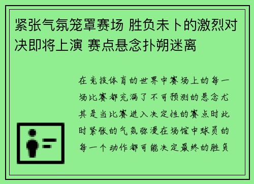 紧张气氛笼罩赛场 胜负未卜的激烈对决即将上演 赛点悬念扑朔迷离